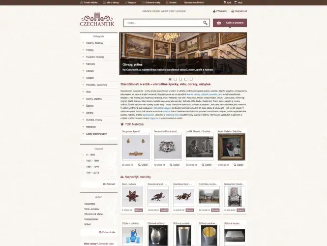 Webová stránka s nabídkou starožitností, fotografie a kategorie produktů
